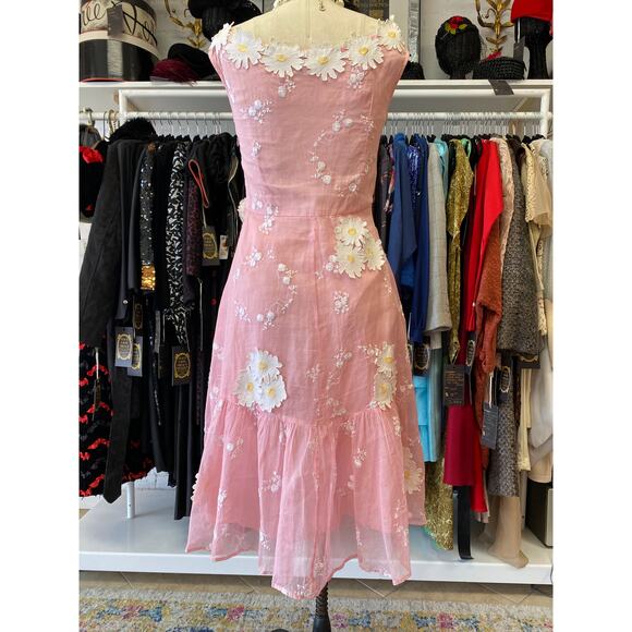 Vintage style pink organza dress applique daisies easter spring wedding s/m 28 - Picture 10 of 12